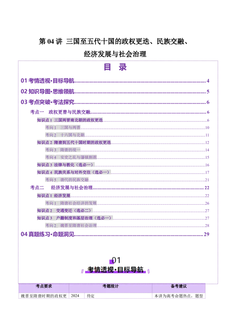 第04讲三国至五代十国的政权更迭、民族交融、经济发展与社会治理（讲义）（解析版）_07高考历史_2025年新高考资料_一轮复习_2025年高考历史一轮复习讲练测（新教材新高考）