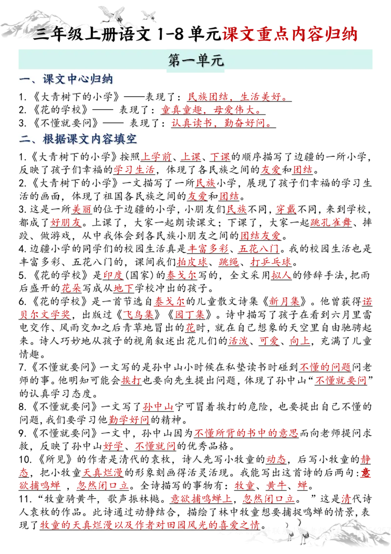三年级上册语文全册课文知识点归纳（小张老师整理）_小学1-6年级常用的上册资源汇总_三年级上册资料(1)