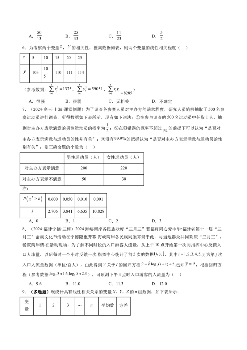 第02讲成对数据的统计分析（五大题型）（练习）（原卷版）_2025年新高考资料_一轮复习_2025年高考数学一轮复习讲练测（新教材新高考，含2024高考真题）