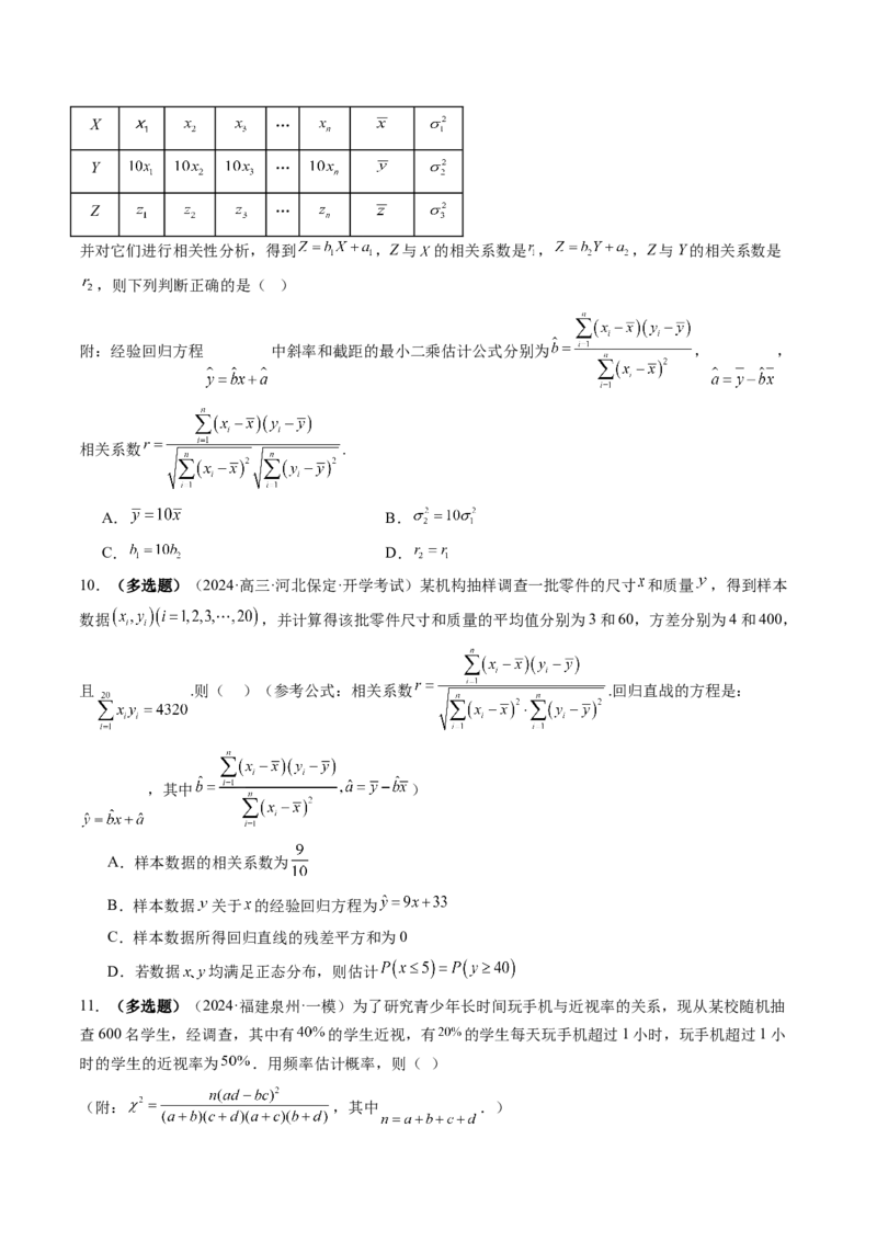 第02讲成对数据的统计分析（五大题型）（练习）（原卷版）_2025年新高考资料_一轮复习_2025年高考数学一轮复习讲练测（新教材新高考，含2024高考真题）
