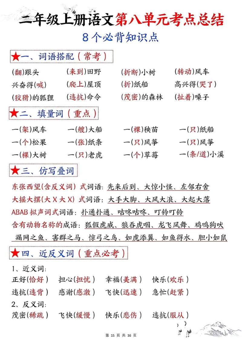 二年级上册语文1-8单元考点默写答案(1)(1)_小学1-6年级常用的上册资源汇总_二年级上册资料(1)