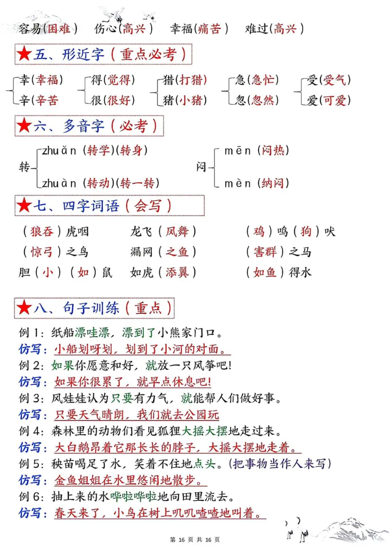二年级上册语文1-8单元考点默写答案(1)(1)_小学1-6年级常用的上册资源汇总_二年级上册资料(1)