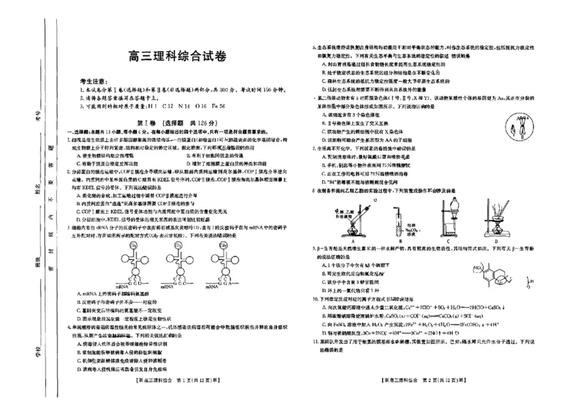 甘肃青海宁夏高三联考理科综合试卷公众号：一枚试卷君_05高考化学_高考模拟题_新高考_2023届甘肃青海宁夏高三3月金太阳联考理综_2023届甘肃青海宁夏高三3月金太阳联考理综