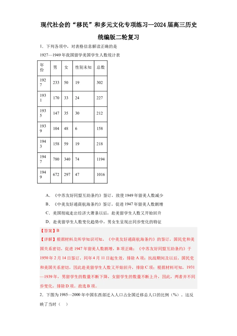 现代社会的&ldquo;移民&rdquo;和多元文化专项练习--2024届高三历史统编版二轮复习解析版_07高考历史_2024年新高考资料_2.2024二轮复习_2024届高三历史统编版二轮复习专项训练