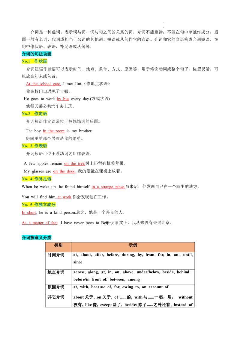 第03讲介词（讲义）-2024年高考英语一轮复习讲练测（新教材新高考）（原卷版）_03高考英语_新高考复习资料_2024年新高考资料_一轮复习资料_第一部分语法