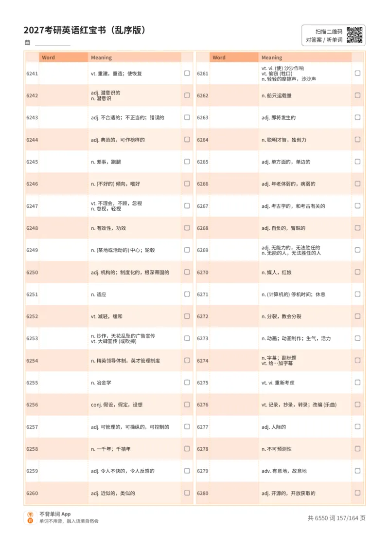 2027考研英语红宝书（乱序版）中文词表_27考研真题_考研英语一、二真题+解析（1994-2026）_03.红宝书_默写本(含正序、乱序、中英对照版)_乱序版-对照中文默写