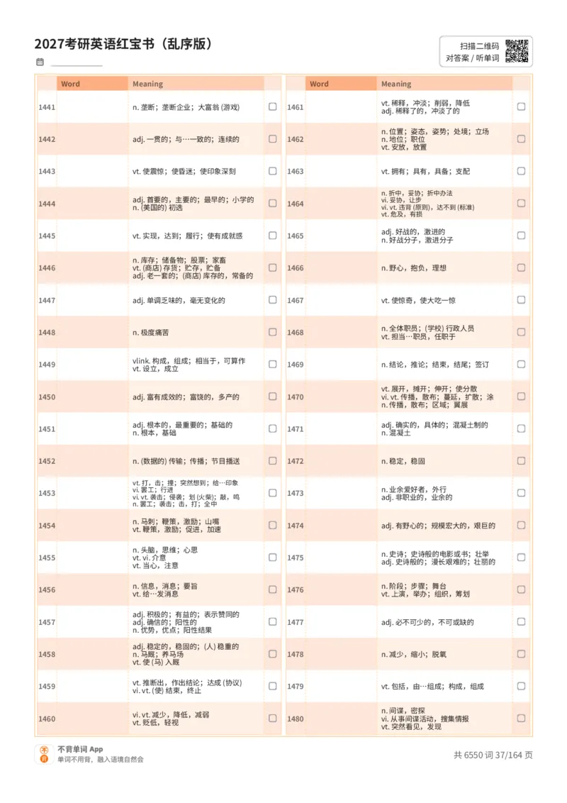2027考研英语红宝书（乱序版）中文词表_27考研真题_考研英语一、二真题+解析（1994-2026）_03.红宝书_默写本(含正序、乱序、中英对照版)_乱序版-对照中文默写