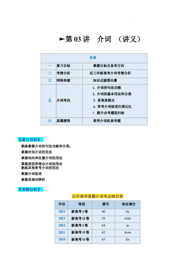 第03讲介词（讲义）-2024年高考英语一轮复习讲练测（新教材新高考）（解析版）_03高考英语_新高考复习资料_2024年新高考资料_一轮复习资料_第一部分语法