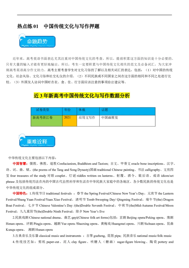热点01中国传统文化与写作押题-2024年高考英语热点&middot;重点&middot;难点专练（新高考专用）（原卷版）_03高考英语_新高考复习资料_2024年新高考资料_专项复习资料_热点练
