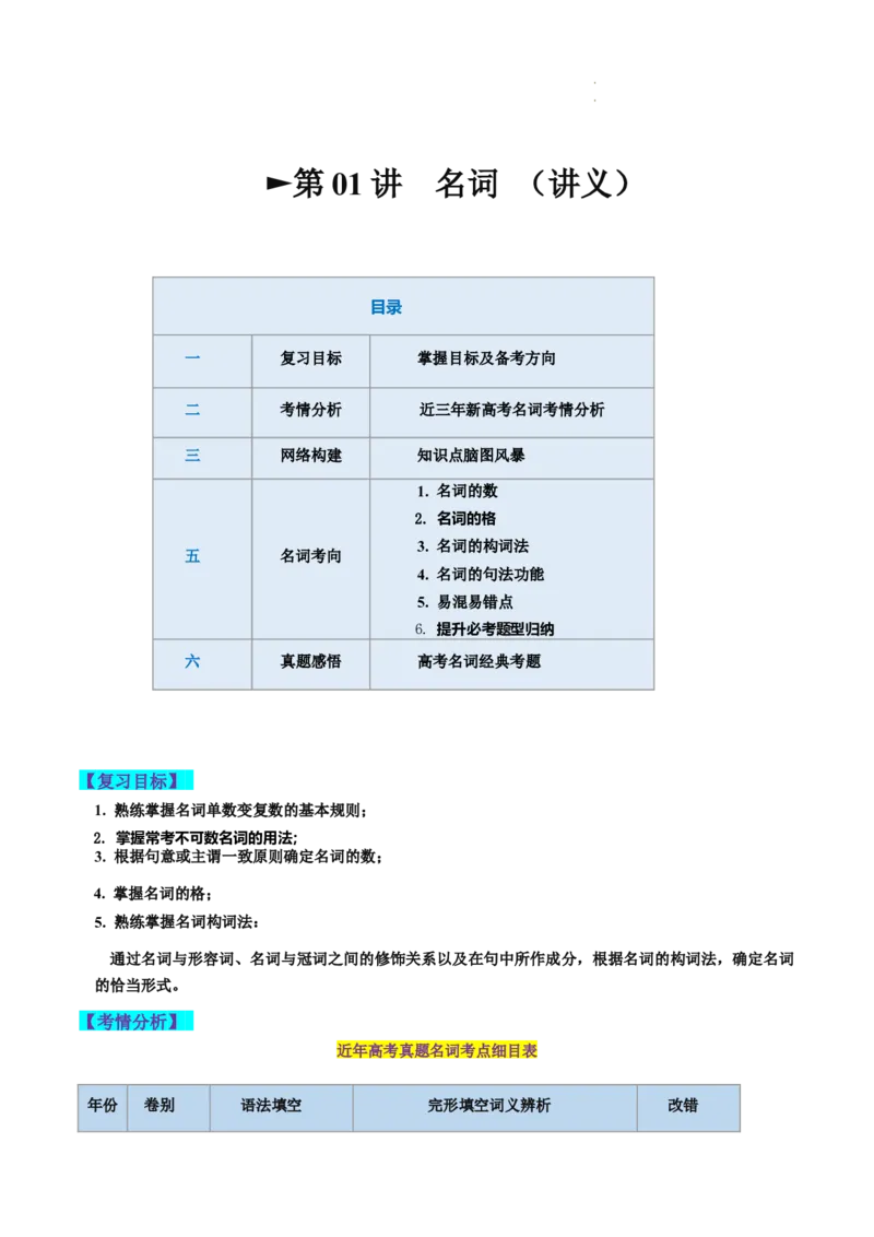 第01讲名词（讲义）--2024年高考英语一轮复习讲练测（新教材新高考）（原卷版）_03高考英语_新高考复习资料_2024年新高考资料_一轮复习资料_第一部分语法