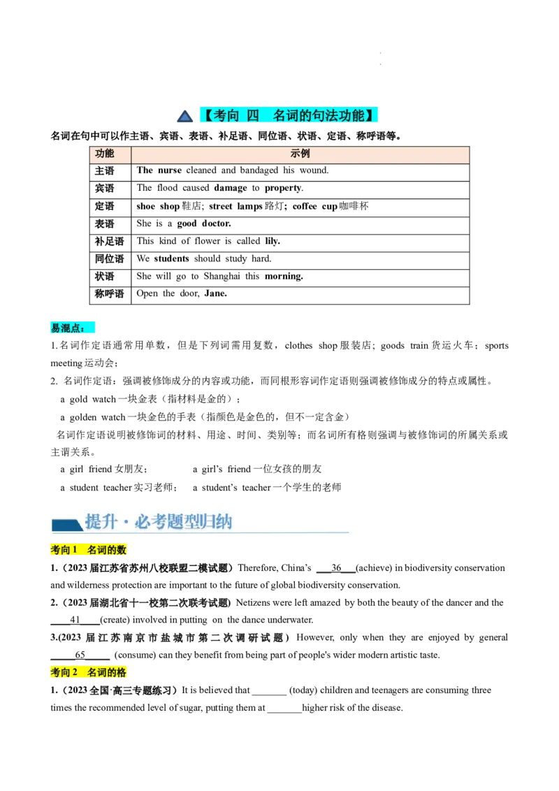 第01讲名词（讲义）--2024年高考英语一轮复习讲练测（新教材新高考）（原卷版）_03高考英语_新高考复习资料_2024年新高考资料_一轮复习资料_第一部分语法