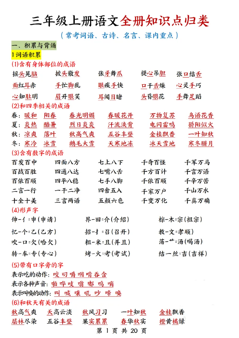 三上语文全册知识点归类（常考词语、古诗、名言、课内重点20页）(1)_小学1-6年级常用的上册资源汇总_三年级上册资料(1)