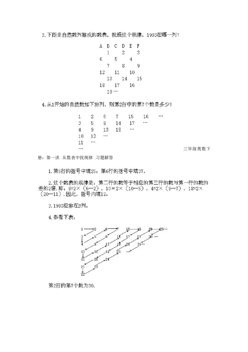 三年级下册数学奥数知识点讲解第1课《从数表中找规律》通用版（含答案）_奥数专题合集_H003小学奥数培训班课程+习题_1-6年级上下册奥数_三年级