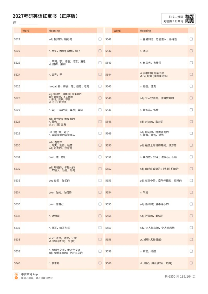 2027考研英语红宝书（正序版）中文词表_27考研真题_考研英语一、二真题+解析（1994-2026）_03.红宝书_默写本(含正序、乱序、中英对照版)_正序版-对照中文默写