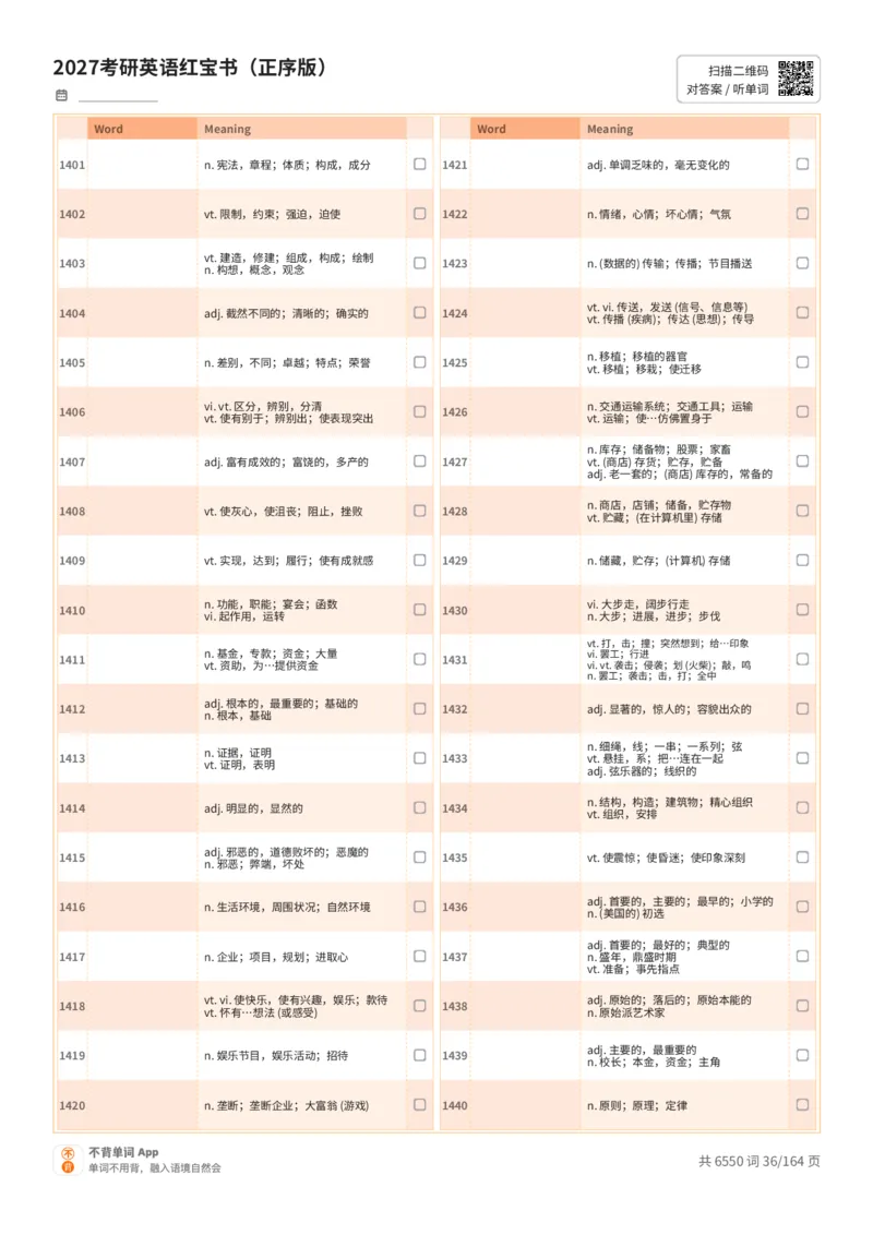 2027考研英语红宝书（正序版）中文词表_27考研真题_考研英语一、二真题+解析（1994-2026）_03.红宝书_默写本(含正序、乱序、中英对照版)_正序版-对照中文默写
