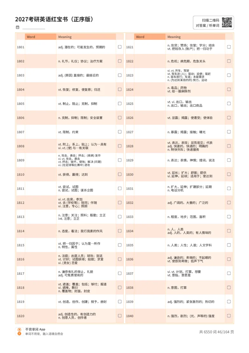2027考研英语红宝书（正序版）中文词表_27考研真题_考研英语一、二真题+解析（1994-2026）_03.红宝书_默写本(含正序、乱序、中英对照版)_正序版-对照中文默写