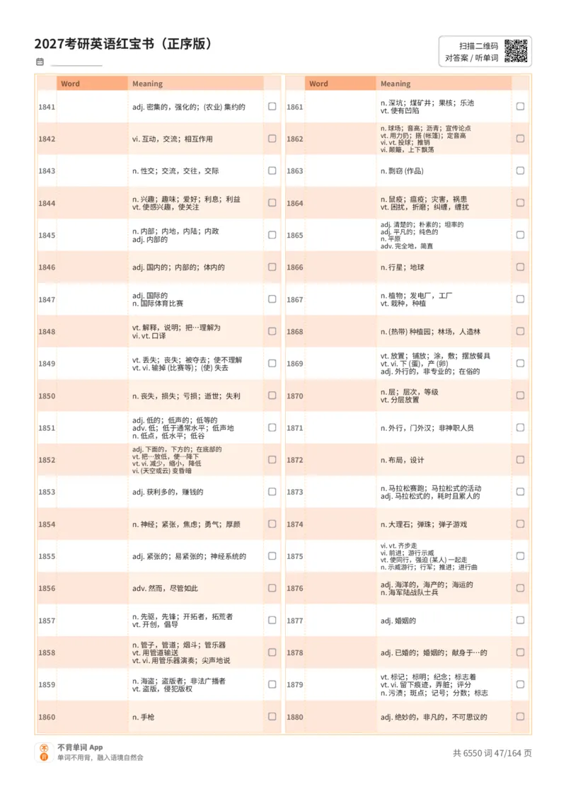 2027考研英语红宝书（正序版）中文词表_27考研真题_考研英语一、二真题+解析（1994-2026）_03.红宝书_默写本(含正序、乱序、中英对照版)_正序版-对照中文默写