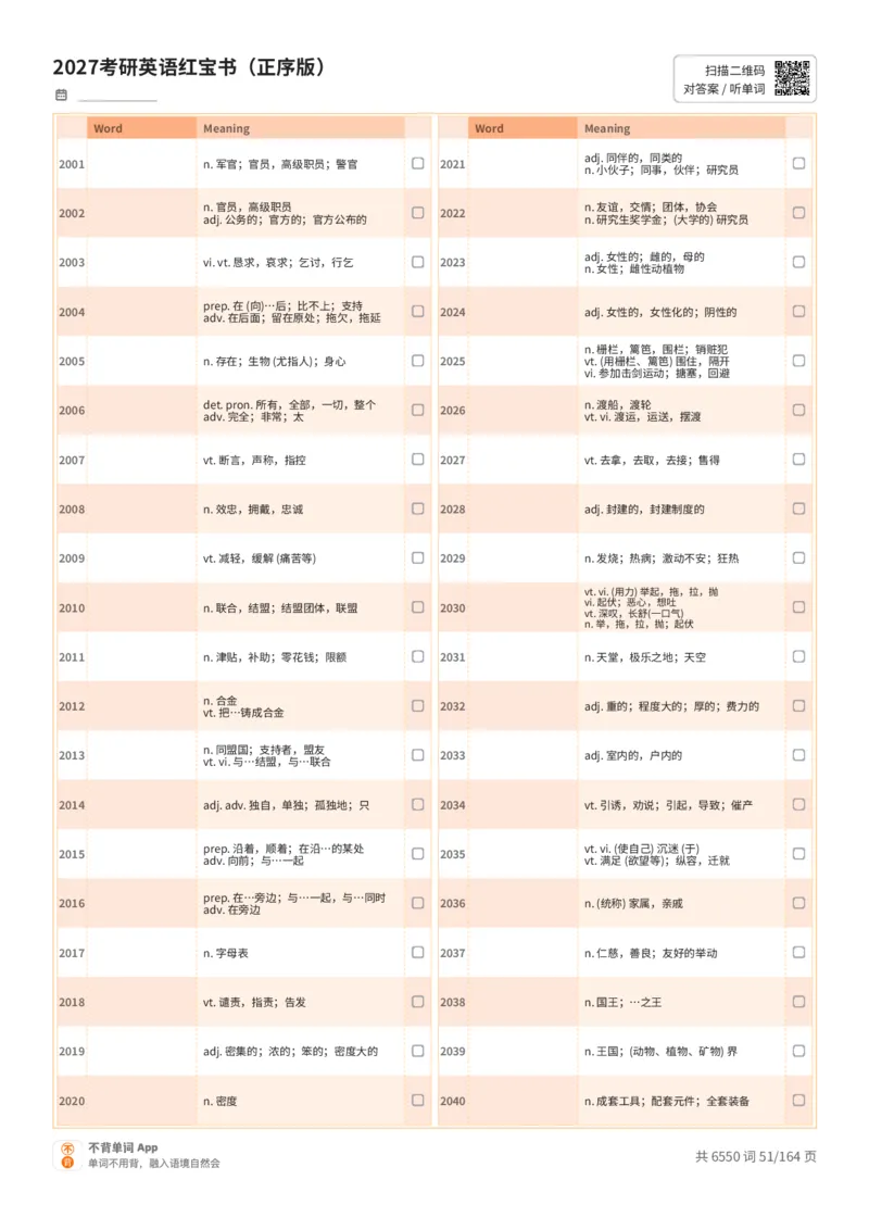 2027考研英语红宝书（正序版）中文词表_27考研真题_考研英语一、二真题+解析（1994-2026）_03.红宝书_默写本(含正序、乱序、中英对照版)_正序版-对照中文默写