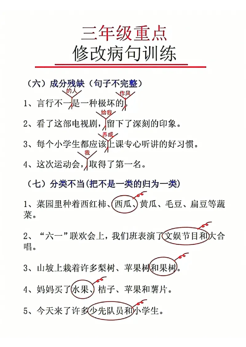 三年级重点修改病句(1)_小学1-6年级常用的上册资源汇总_三年级上册资料(1)