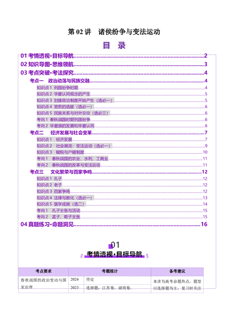 第02讲诸侯纷争与变法运动（讲义）（原卷版）_07高考历史_2025年新高考资料_一轮复习_2025年高考历史一轮复习讲练测（新教材新高考）（完结）_讲义+练习