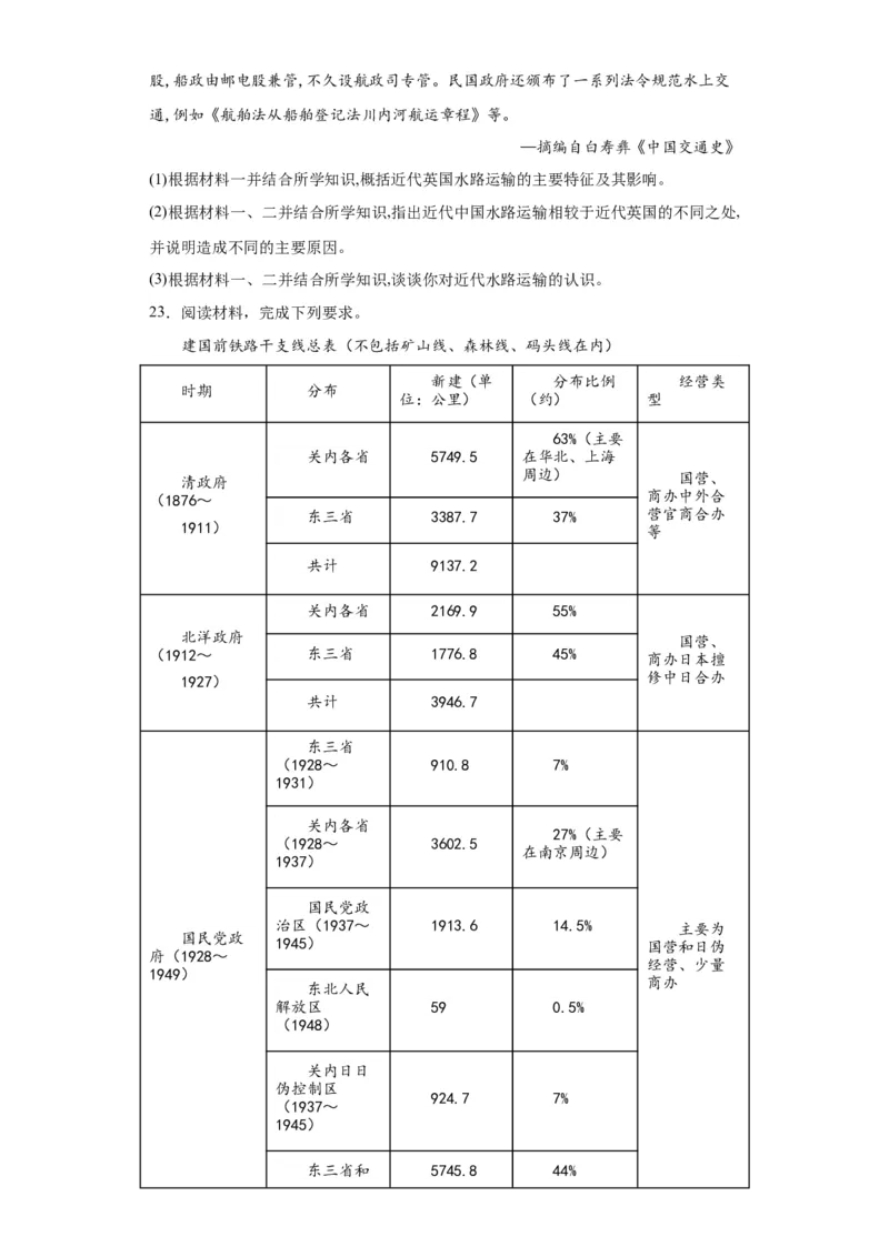 水陆交通的变迁专项练习--2024届高三历史统编版二轮复习原卷版_07高考历史_2024年新高考资料_2.2024二轮复习_2024届高三历史统编版二轮复习专项训练