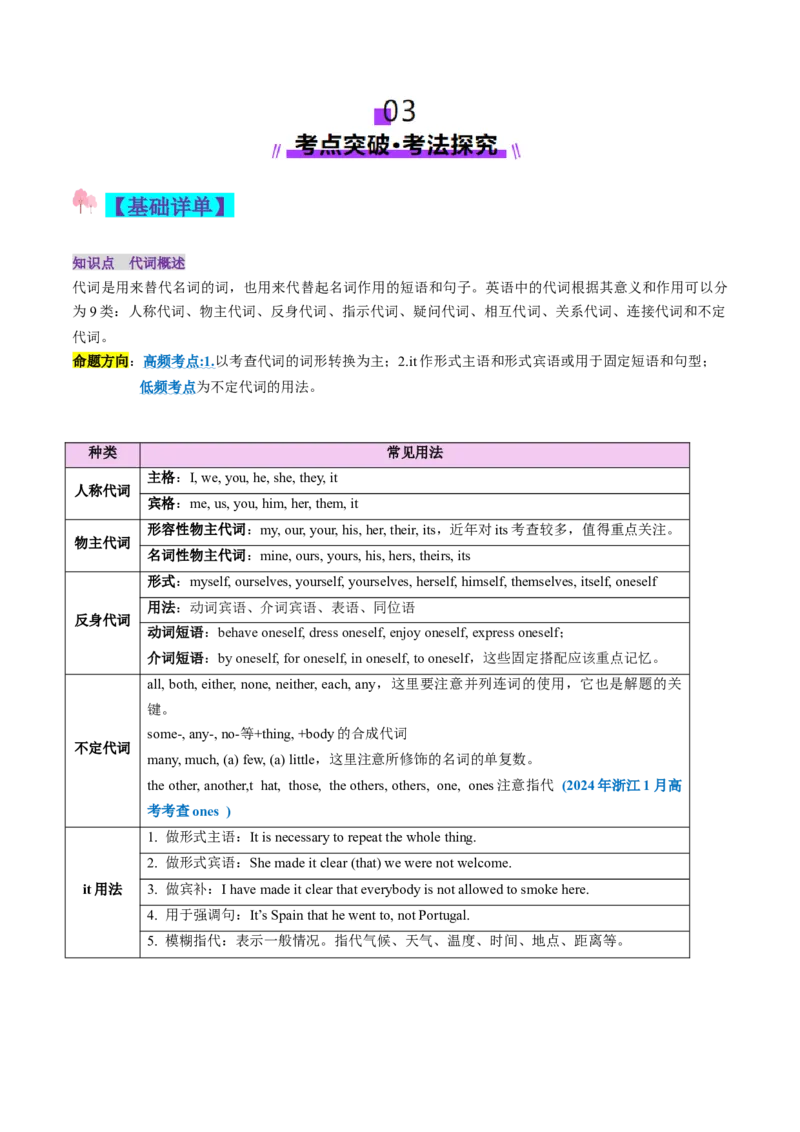第03讲代词（讲义）（原卷版）_03高考英语_新高考复习资料_2025年新高考复习_2025年高考英语一轮复习讲练测（新教材新高考，含2024年高考真题）_语法