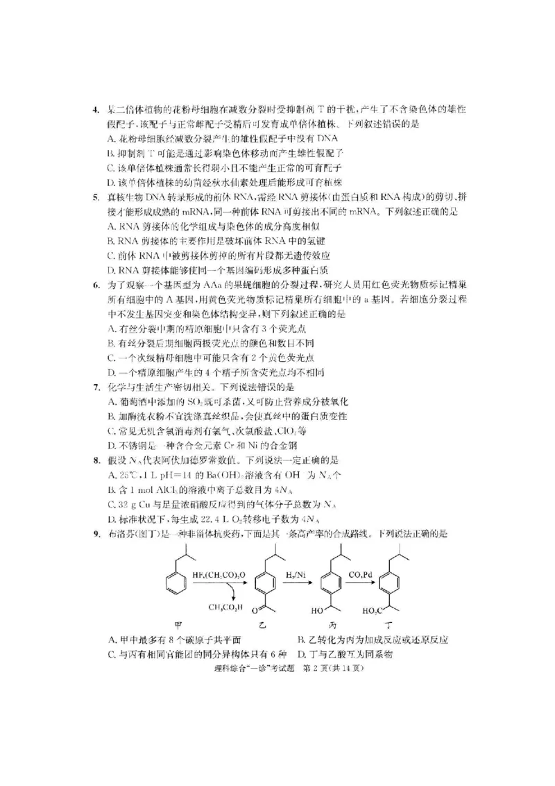 理综试题_05高考化学_高考模拟题_全国课标版_2023届四川成都一诊成都市2020级高中毕业班第一次诊断性检测理综_2023届四川成都一诊成都市2020级高中毕业班第一次诊断性检测理综