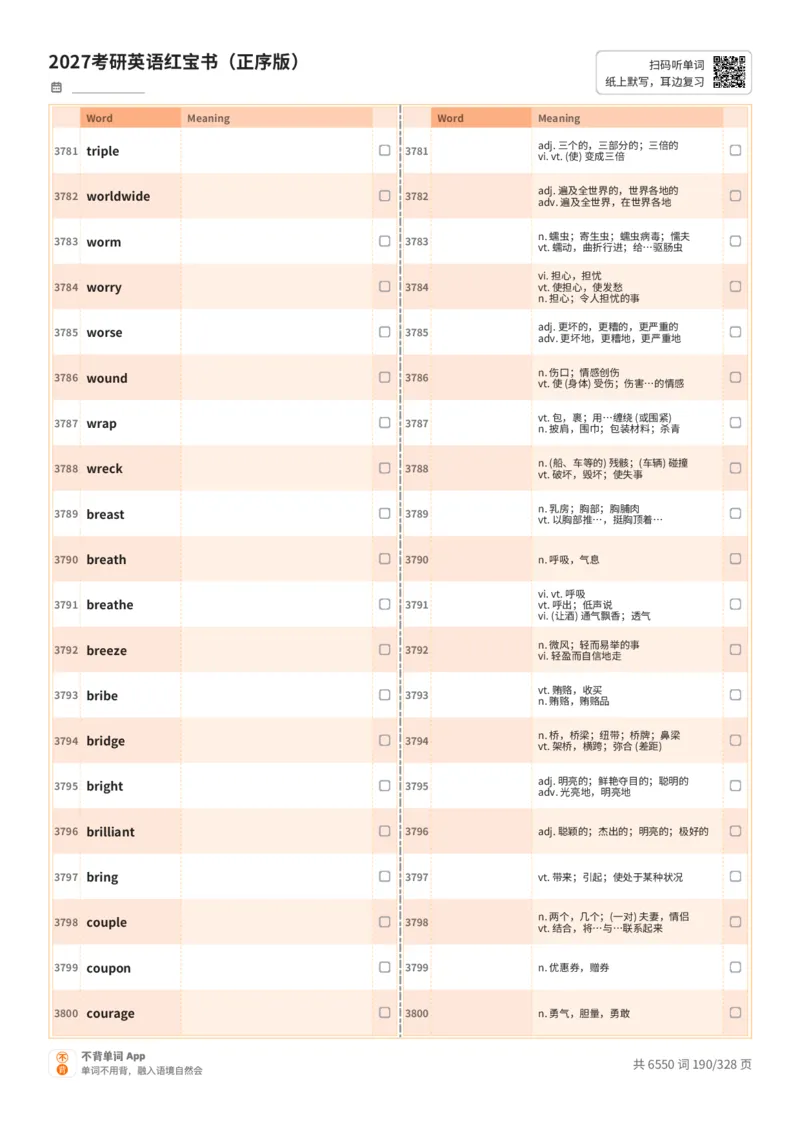 2027考研英语红宝书（正序版）A4默写版_27考研真题_考研英语一、二真题+解析（1994-2026）_03.红宝书_默写本(含正序、乱序、中英对照版)_正序版-对照中+英默写