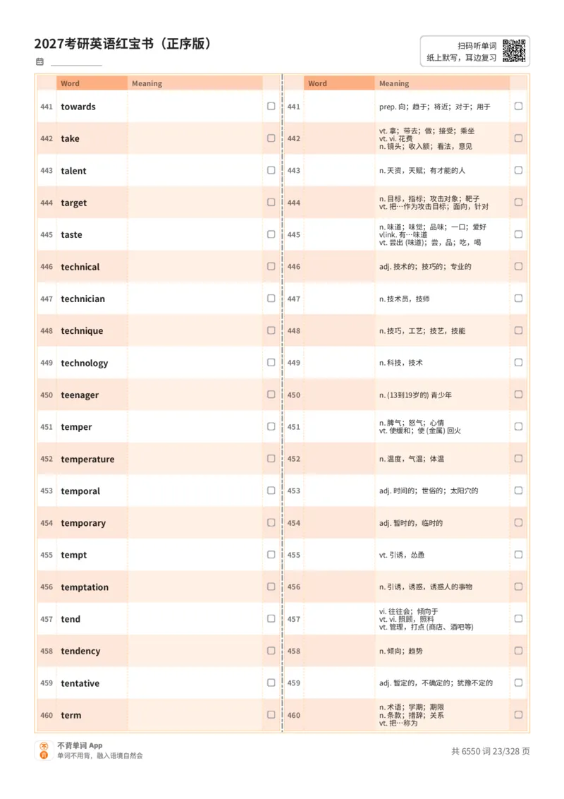 2027考研英语红宝书（正序版）A4默写版_27考研真题_考研英语一、二真题+解析（1994-2026）_03.红宝书_默写本(含正序、乱序、中英对照版)_正序版-对照中+英默写