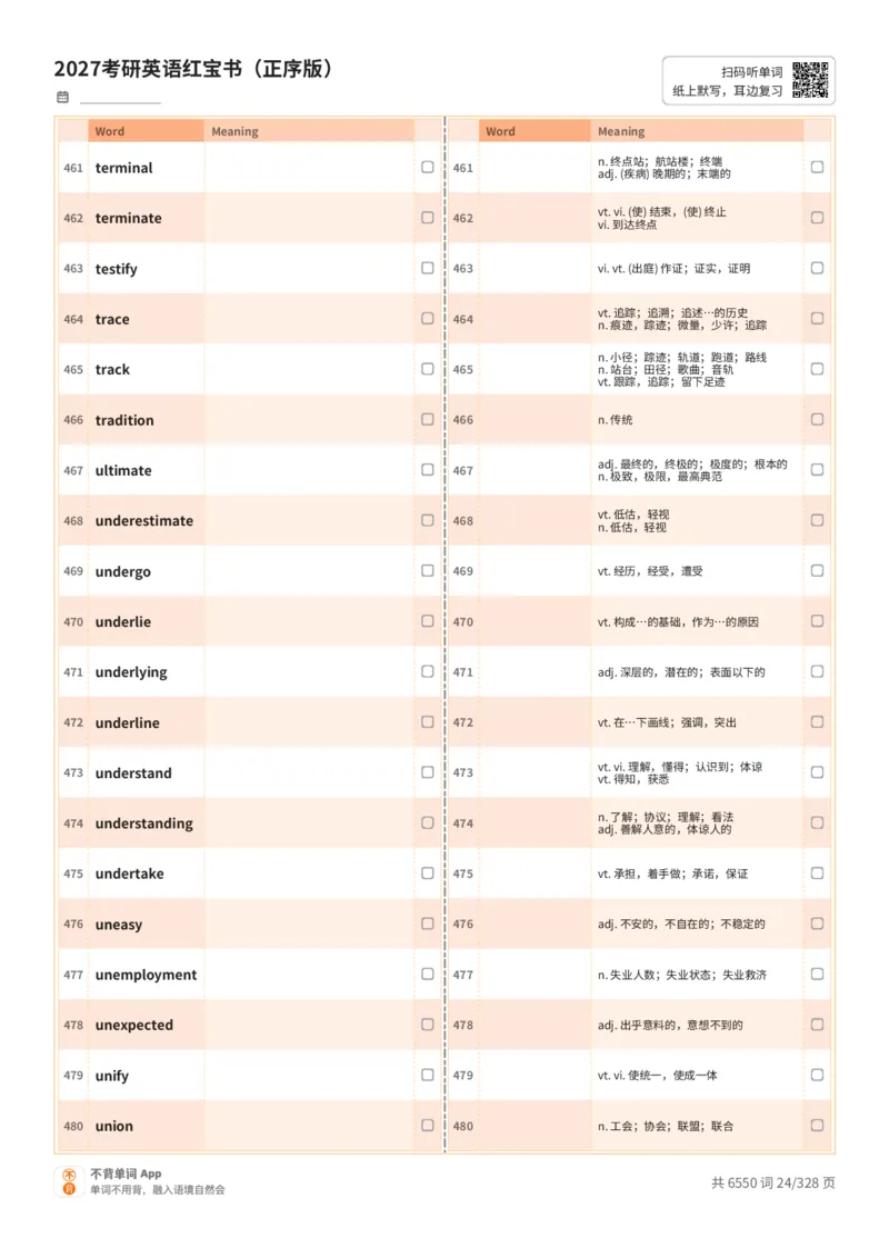 2027考研英语红宝书（正序版）A4默写版_27考研真题_考研英语一、二真题+解析（1994-2026）_03.红宝书_默写本(含正序、乱序、中英对照版)_正序版-对照中+英默写