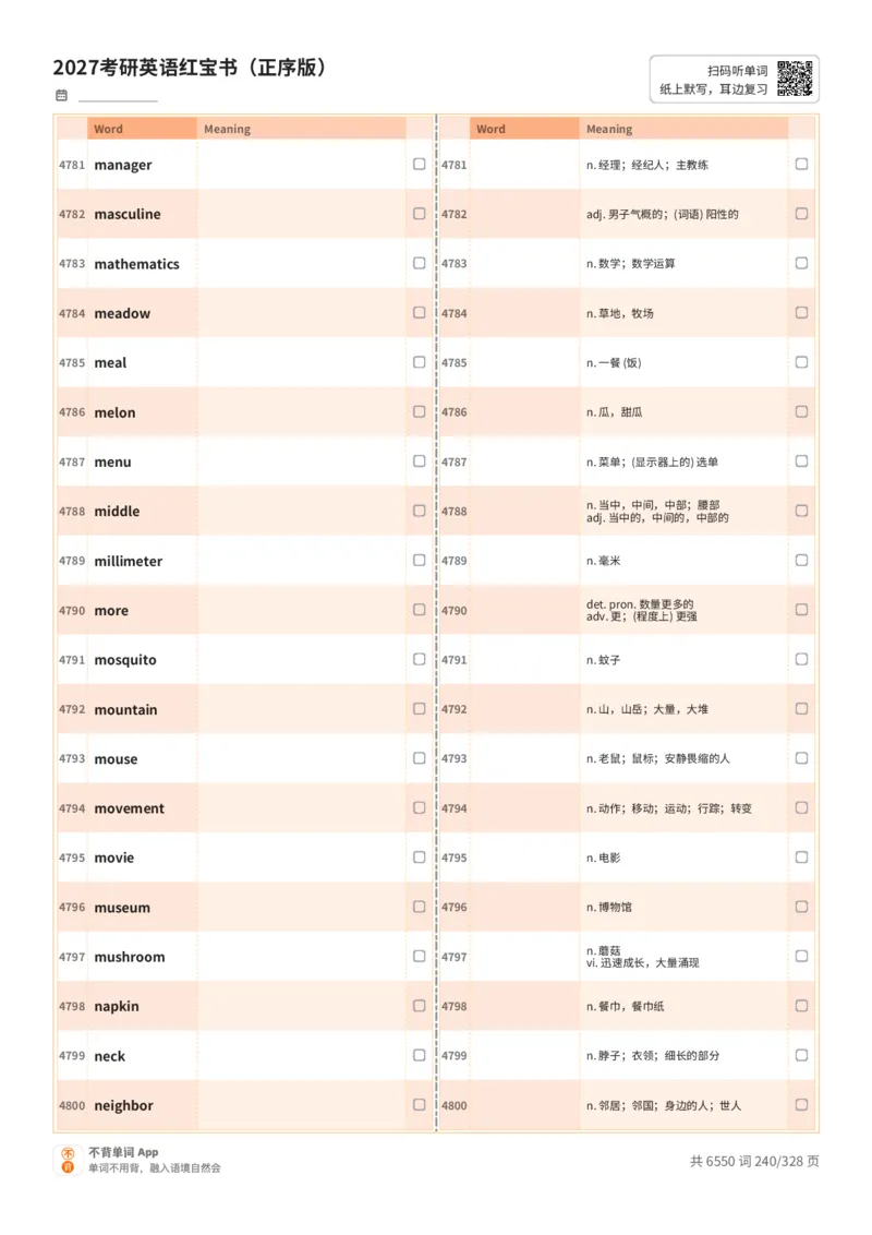 2027考研英语红宝书（正序版）A4默写版_27考研真题_考研英语一、二真题+解析（1994-2026）_03.红宝书_默写本(含正序、乱序、中英对照版)_正序版-对照中+英默写
