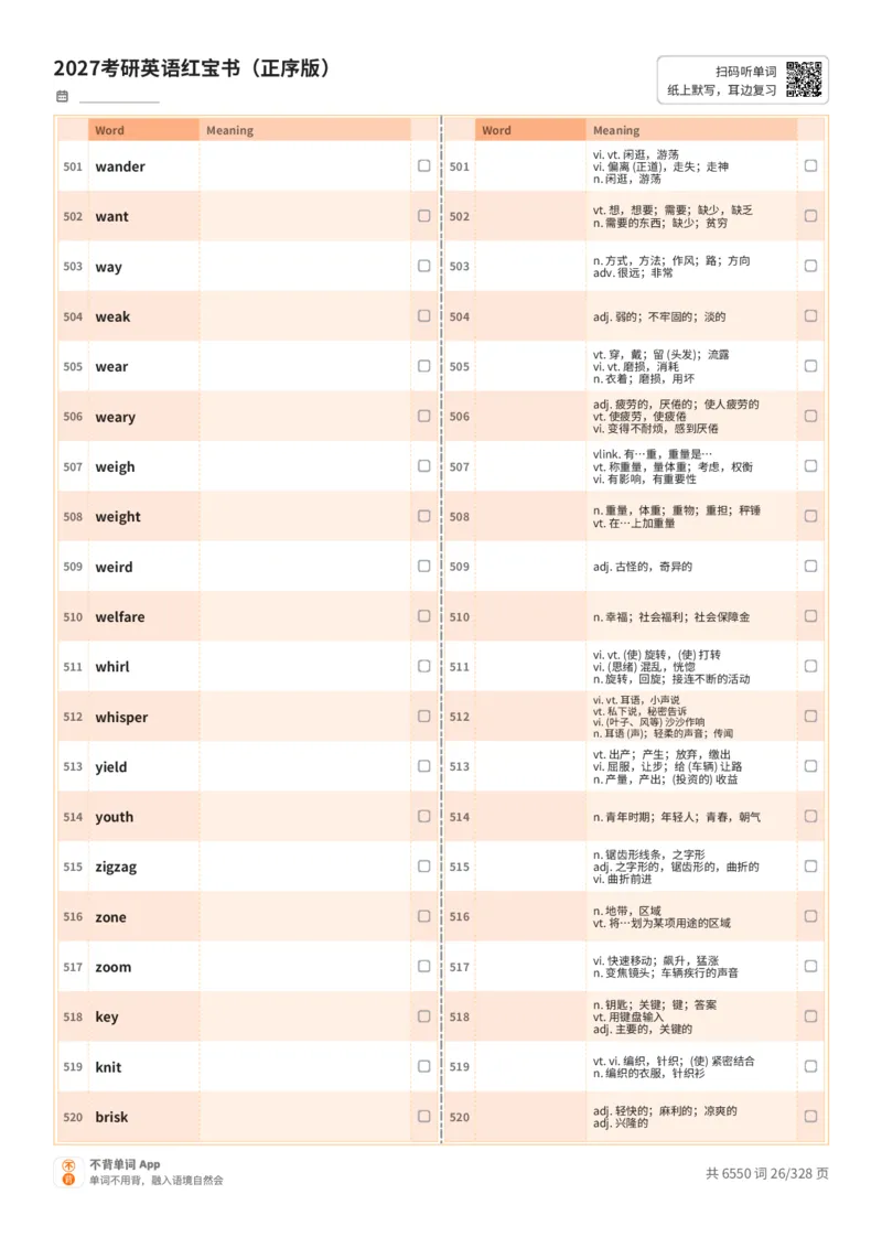 2027考研英语红宝书（正序版）A4默写版_27考研真题_考研英语一、二真题+解析（1994-2026）_03.红宝书_默写本(含正序、乱序、中英对照版)_正序版-对照中+英默写
