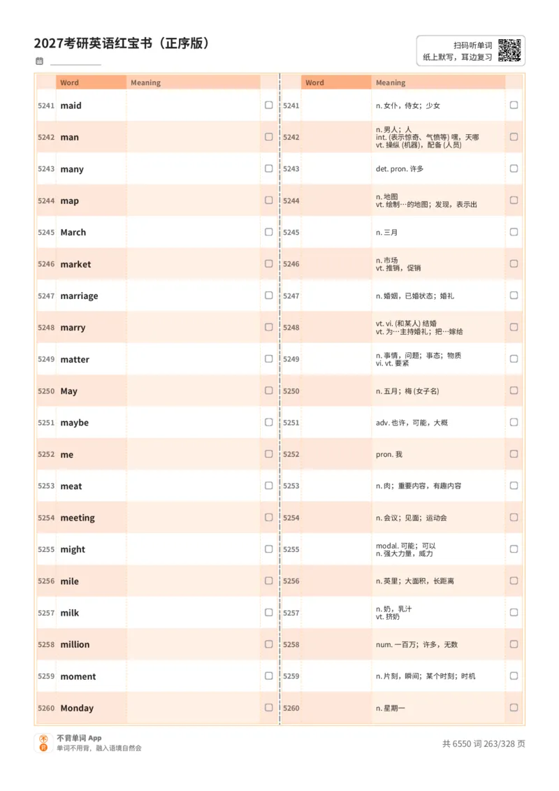2027考研英语红宝书（正序版）A4默写版_27考研真题_考研英语一、二真题+解析（1994-2026）_03.红宝书_默写本(含正序、乱序、中英对照版)_正序版-对照中+英默写