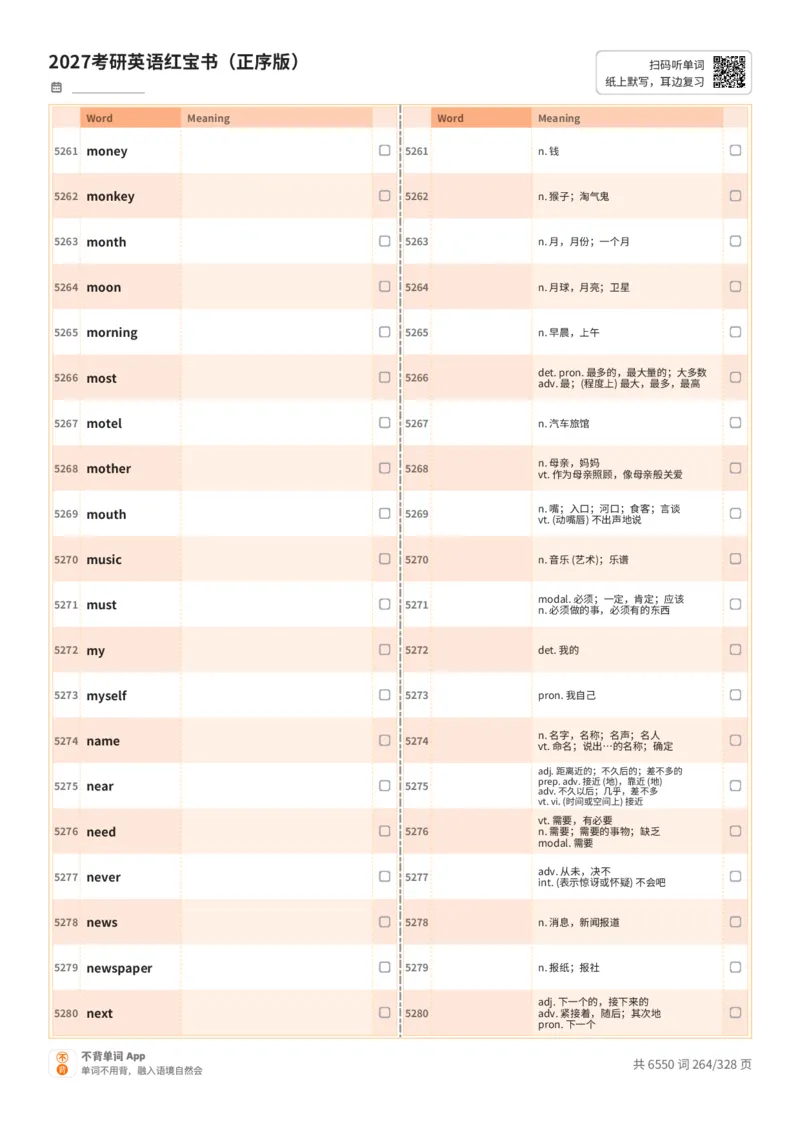2027考研英语红宝书（正序版）A4默写版_27考研真题_考研英语一、二真题+解析（1994-2026）_03.红宝书_默写本(含正序、乱序、中英对照版)_正序版-对照中+英默写