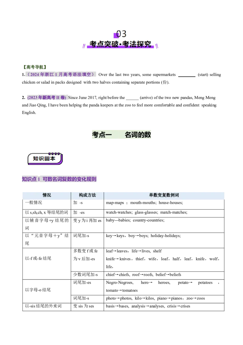 第01讲名词（讲义）（原卷版）_03高考英语_新高考复习资料_2025年新高考复习_2025年高考英语一轮复习讲练测（新教材新高考，含2024年高考真题）_语法