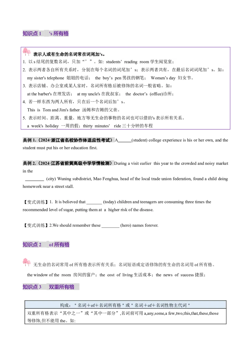 第01讲名词（讲义）（原卷版）_03高考英语_新高考复习资料_2025年新高考复习_2025年高考英语一轮复习讲练测（新教材新高考，含2024年高考真题）_语法