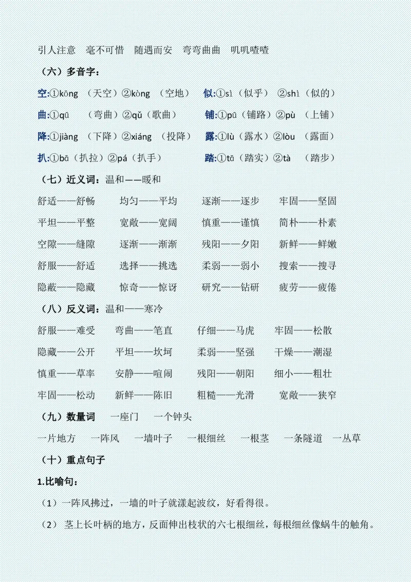 四年级上册各单元各课知识点归纳(1)_小学1-6年级常用的上册资源汇总_四年级上册资料(1)