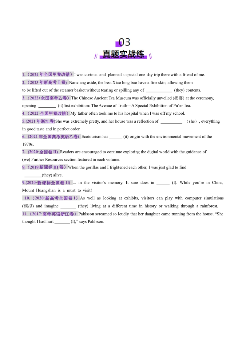第03讲代词（练习）（原卷版）_03高考英语_新高考复习资料_2025年新高考复习_2025年高考英语一轮复习讲练测（新教材新高考，含2024年高考真题）_语法