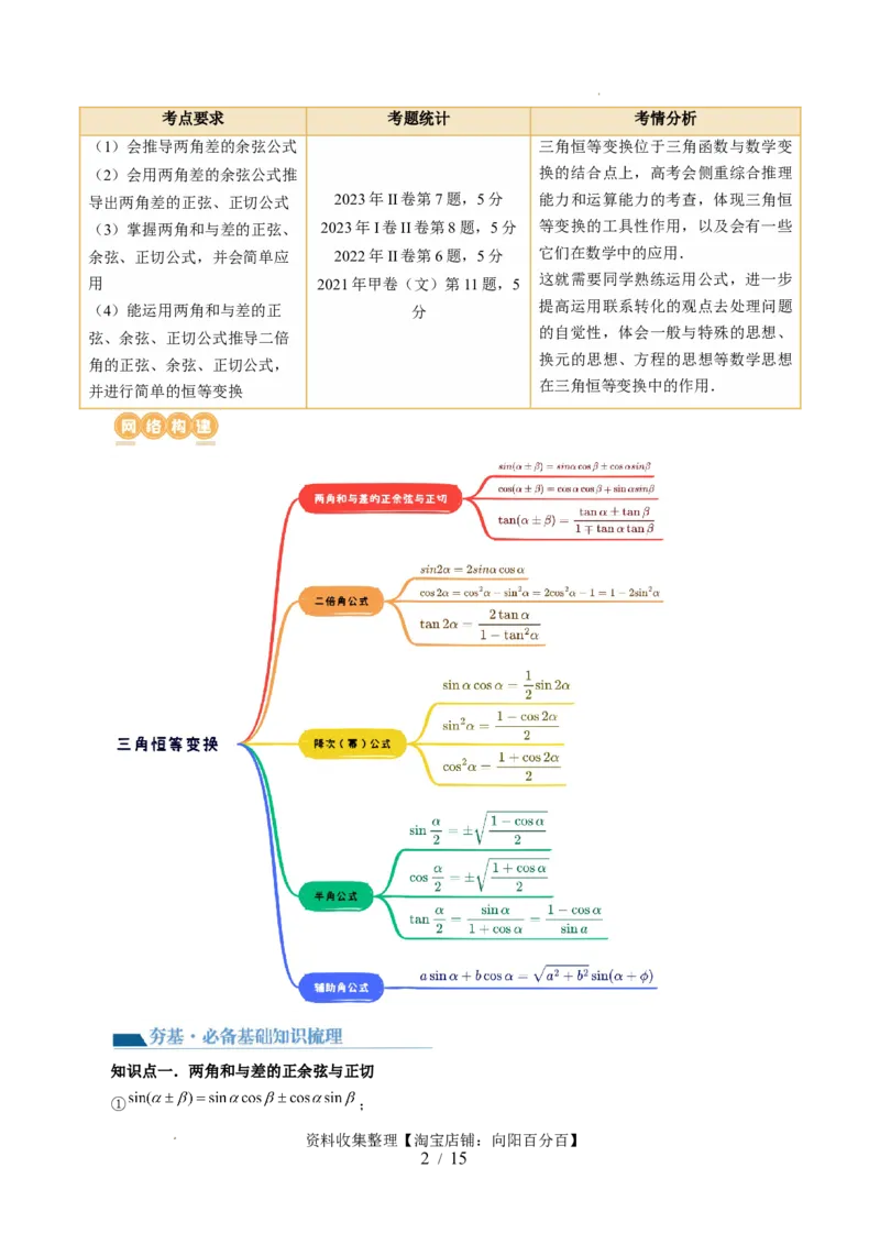 第02讲三角恒等变换（九大题型）（讲义）（原卷版）_02高考数学_新高考复习资料_2024年新高考资料_一轮复习资料_完2024年高考数学一轮复习讲练测(课件+讲义+练习)（新高考）