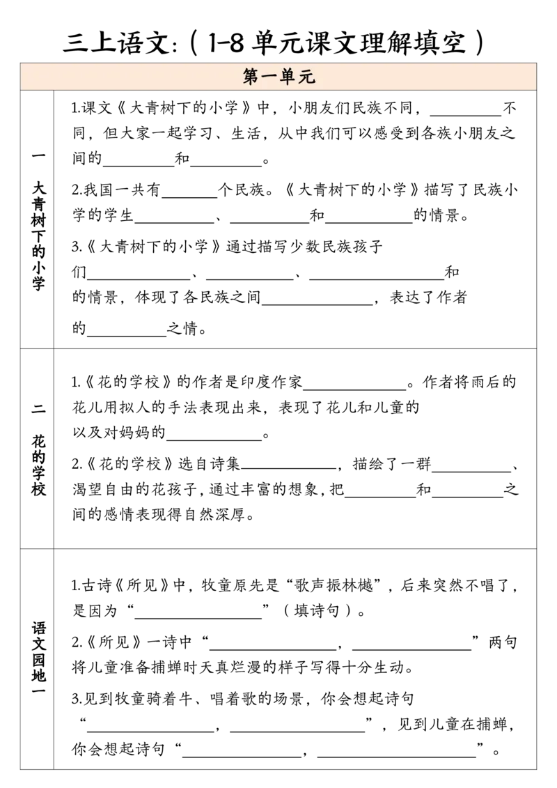 三年级上册语文课文理解填空（含答案）_小学1-6年级常用的上册资源汇总_三年级上册资料(1)