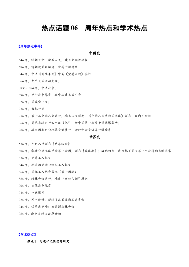 热点话题06周年热点和学术热点（原卷版）_07高考历史_2024年新高考资料_3.2024专项复习_2024年高考历史热点&middot;重点&middot;难点专练（新高考专用）
