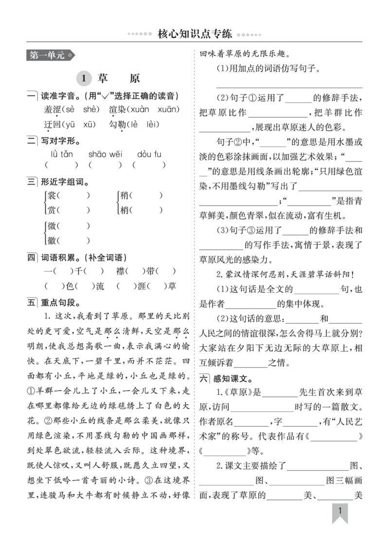 七彩课堂六语上单元核心知识点专练_25秋1-6年级语文上册课件教案_25秋统编版语文六年级上册_统编版语文六年级上册教学资源包（25秋七彩课堂）_10.期末复习_单元核心知识点专练