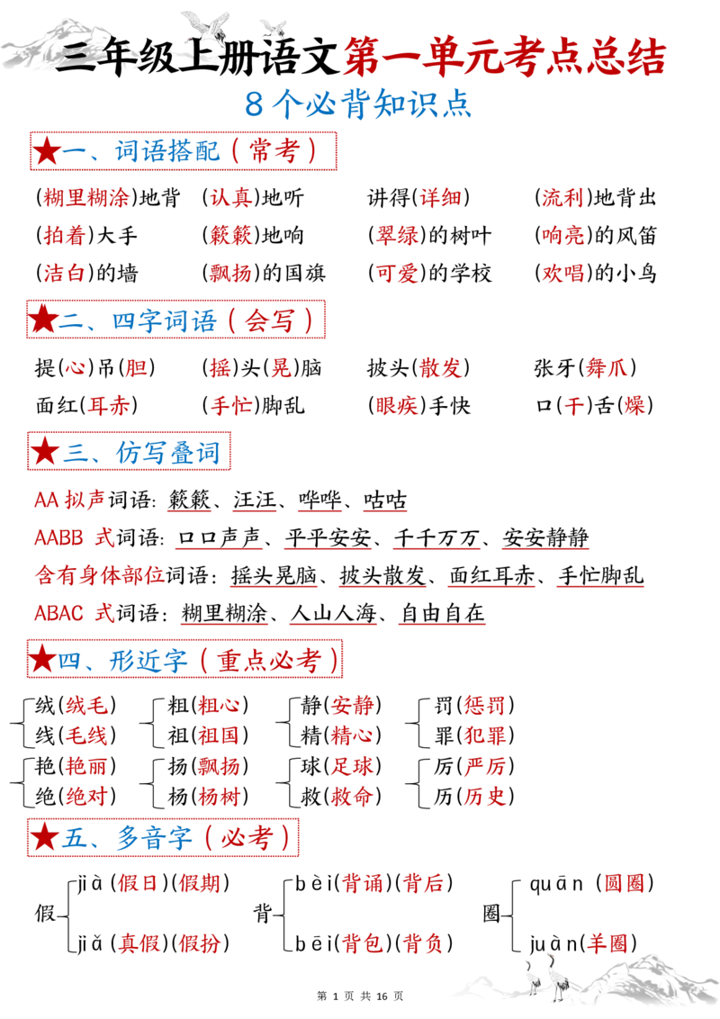 三年级上册语文1-8单元考点(1)(1)_小学1-6年级常用的上册资源汇总_三年级上册资料(1)