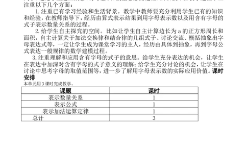 单元概述与课时安排_小学1-6年级常用的上册资源汇总_四年级上册资料(1)_4年级下册教学资源包教案+学案_第二单元用字母表示数（教案+学案）_教案