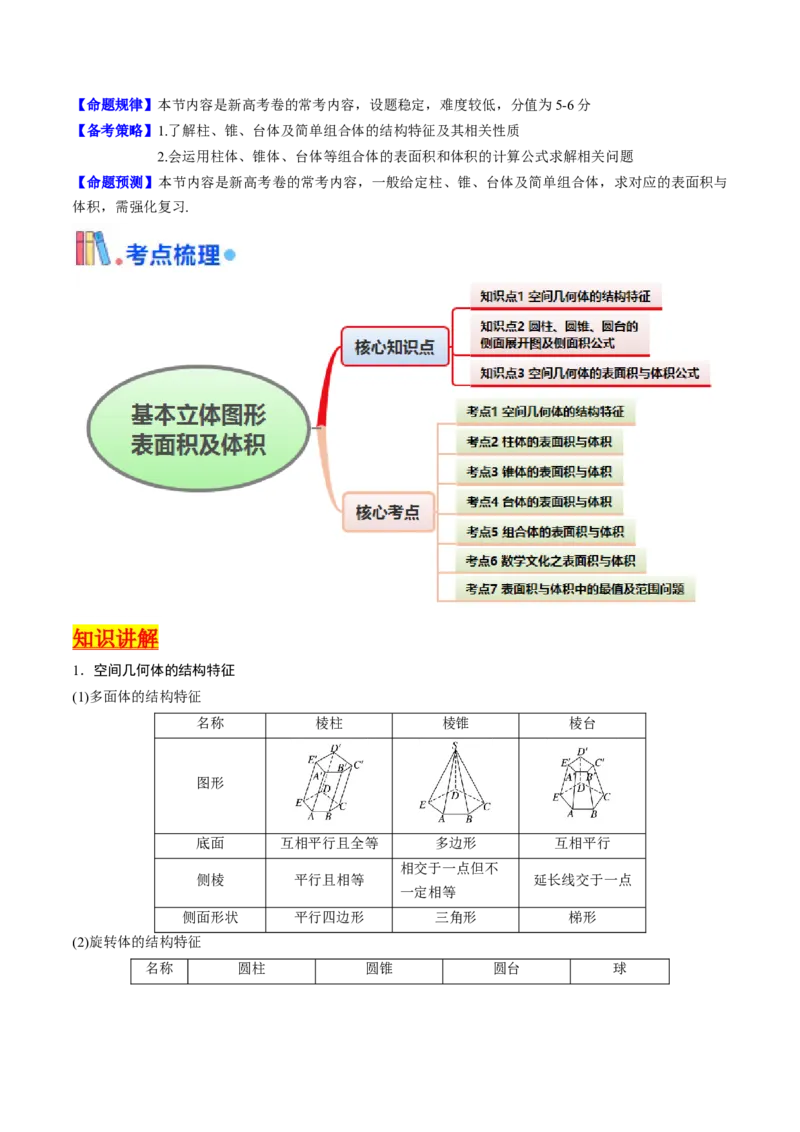 第01讲基本立体图形、简单几何体的表面积及体积（教师版）_2025年新高考资料_一轮复习_备战2025年高考数学一轮复习考点帮_备战2025年高考数学一轮复习考点帮（新高考通用）（完结）