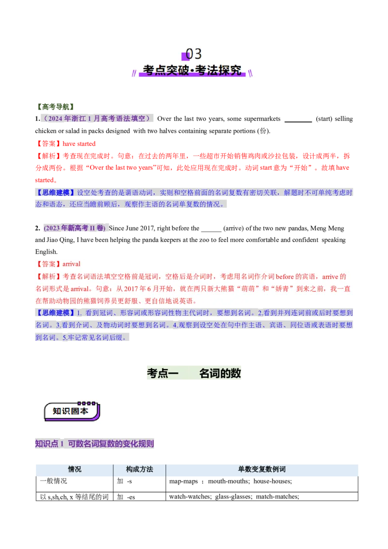 第01讲名词（讲义）（解析版）_03高考英语_2025年新高考资料_一轮复习_2025年高考英语一轮复习讲练测（新教材新高考，含2024年高考真题）_语法