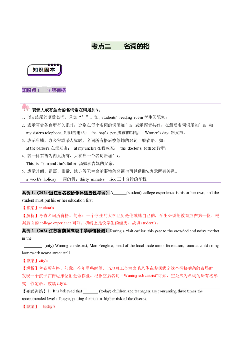 第01讲名词（讲义）（解析版）_03高考英语_2025年新高考资料_一轮复习_2025年高考英语一轮复习讲练测（新教材新高考，含2024年高考真题）_语法