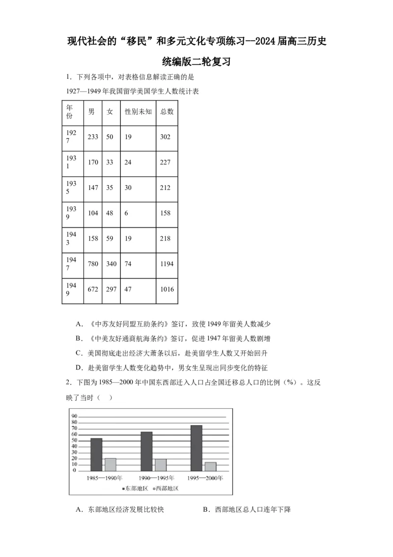 现代社会的&ldquo;移民&rdquo;和多元文化专项练习--2024届高三历史统编版二轮复习原卷版_07高考历史_2024年新高考资料_2.2024二轮复习_2024届高三历史统编版二轮复习专项训练