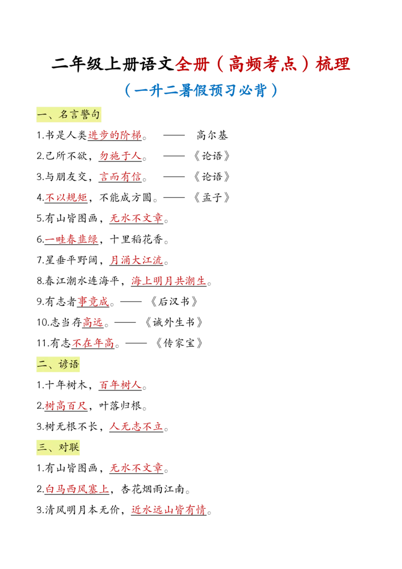 二年级上册语文全册（高频考点）梳理7.1(1)_小学1-6年级常用的上册资源汇总_二年级上册资料(1)