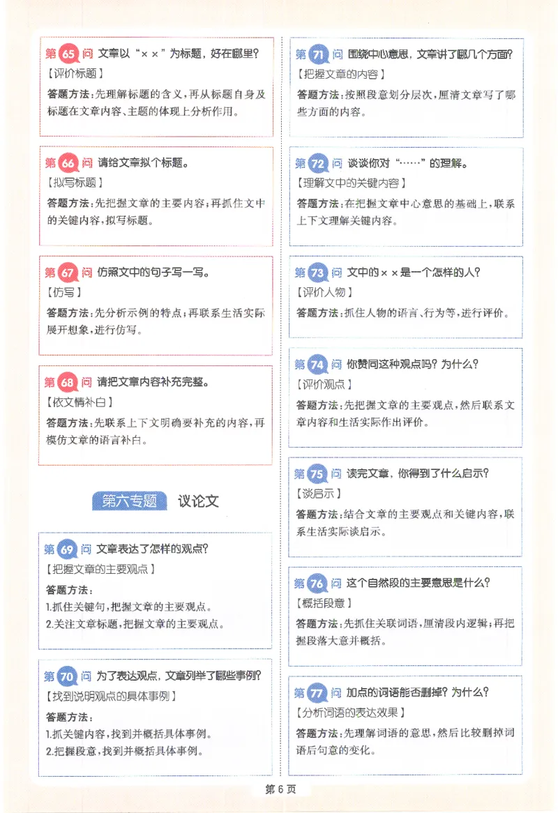 一本-小学语文阅读答题方法100问-6年级专题卡片(6)_小学1-6年级一本阅读题系列
